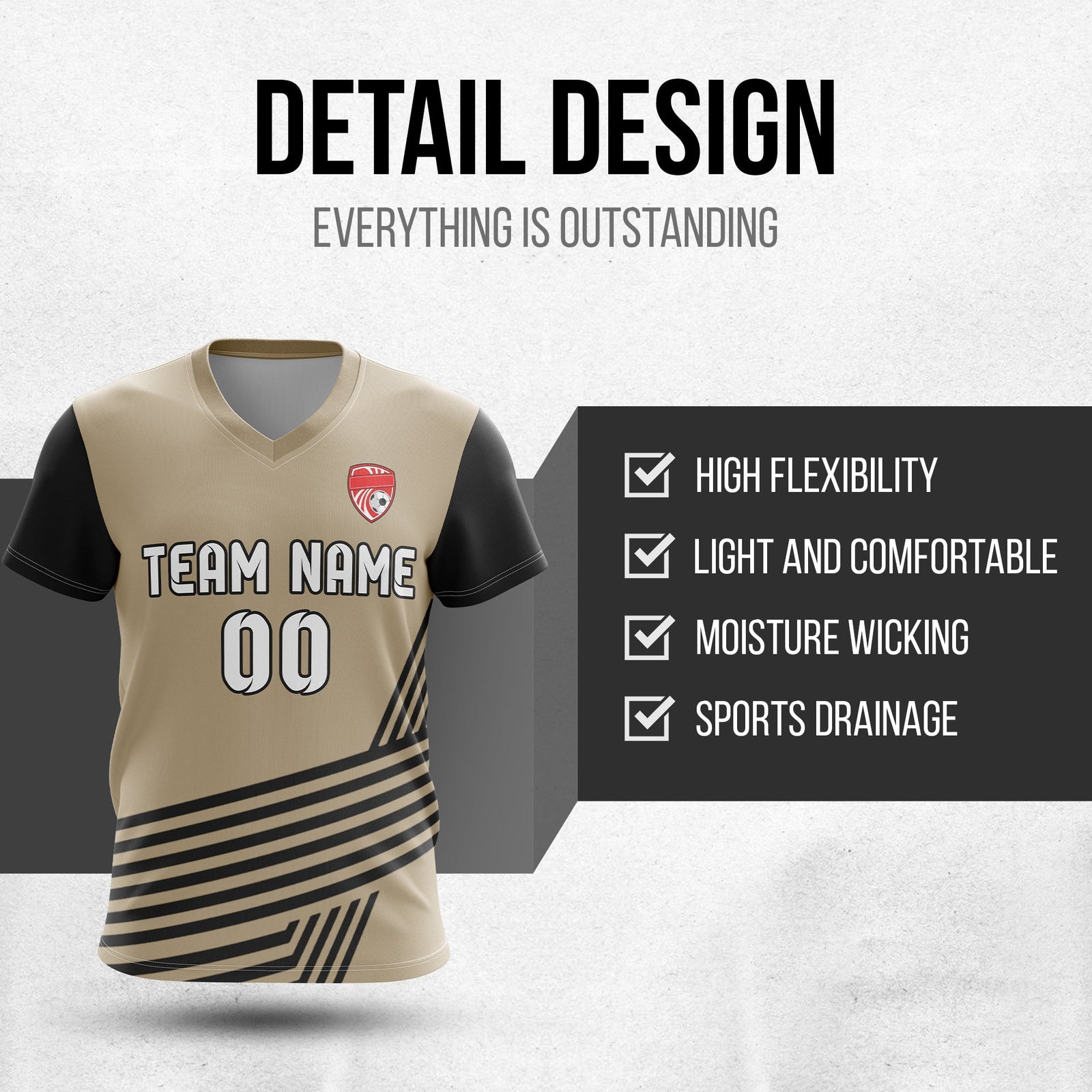 Soccer Jersey - V Neck - Side Pattern- Design 4 - Khakhii