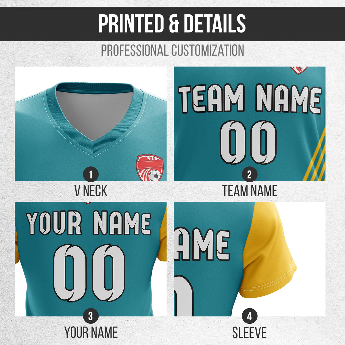Soccer Jersey - V Neck - Side Pattern- Design 4 - Teal