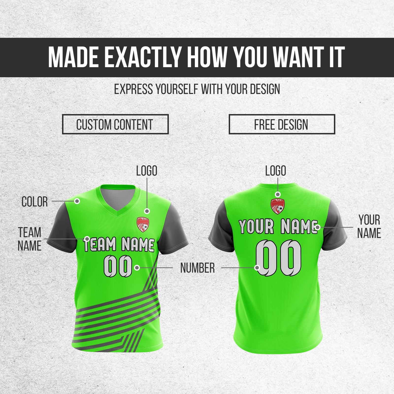 Soccer Jersey - V Neck - Side Pattern- Design 4 - neon Green