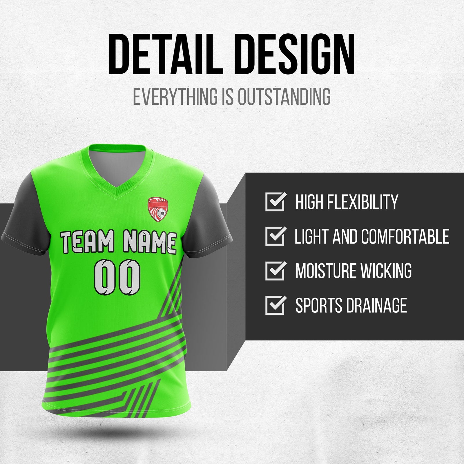 Soccer Jersey - V Neck - Side Pattern- Design 4 - neon Green