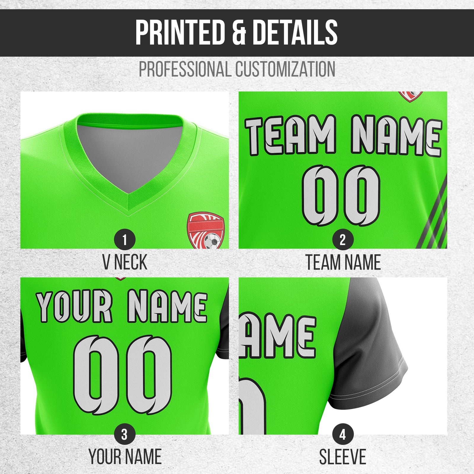 Soccer Jersey - V Neck - Side Pattern- Design 4 - neon Green