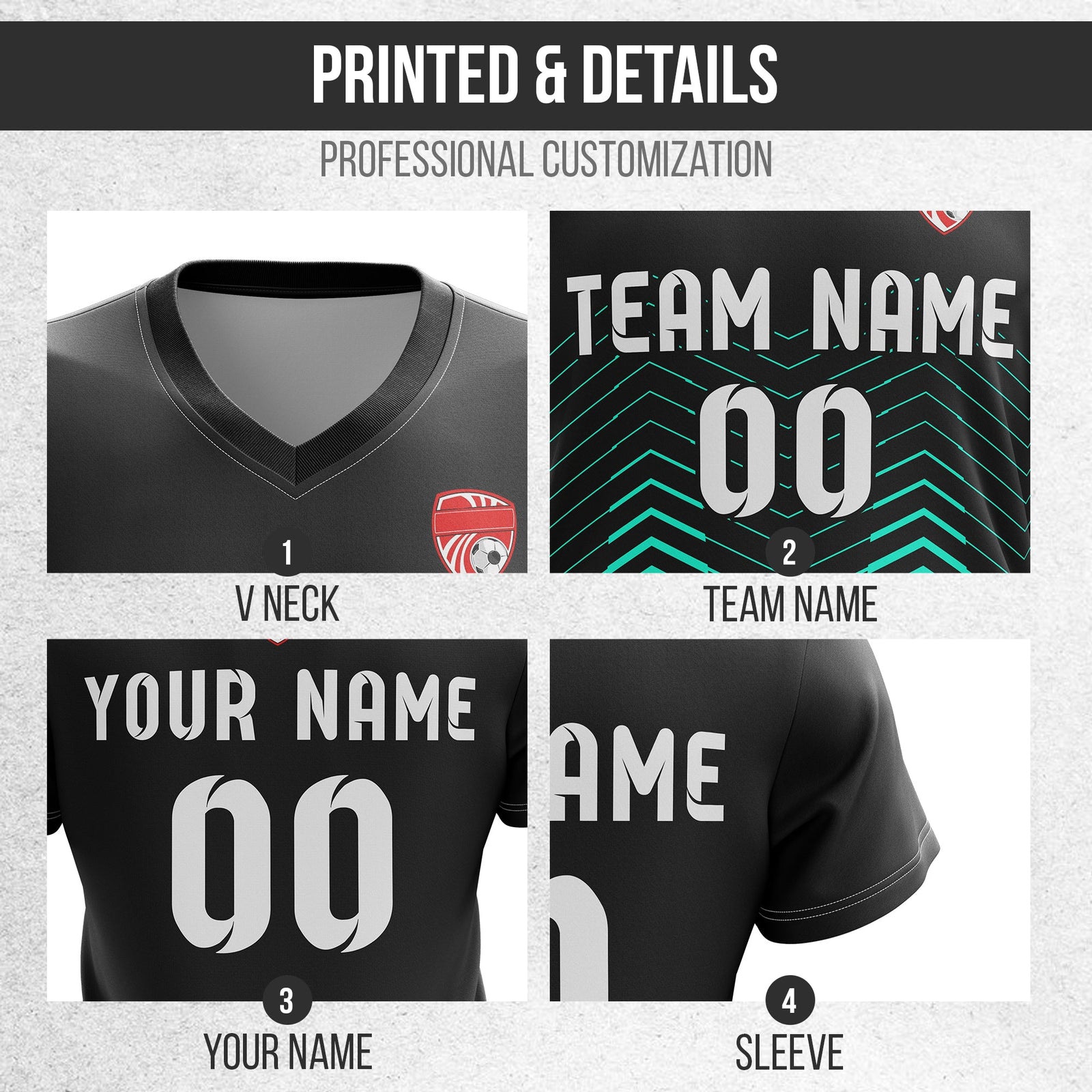 Soccer Jersey - V Neck - Side Pattern- Design 5 - Black