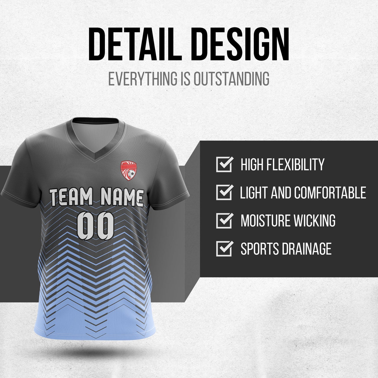 Soccer Jersey - V Neck - Side Pattern- Design 5 - Dark Grey