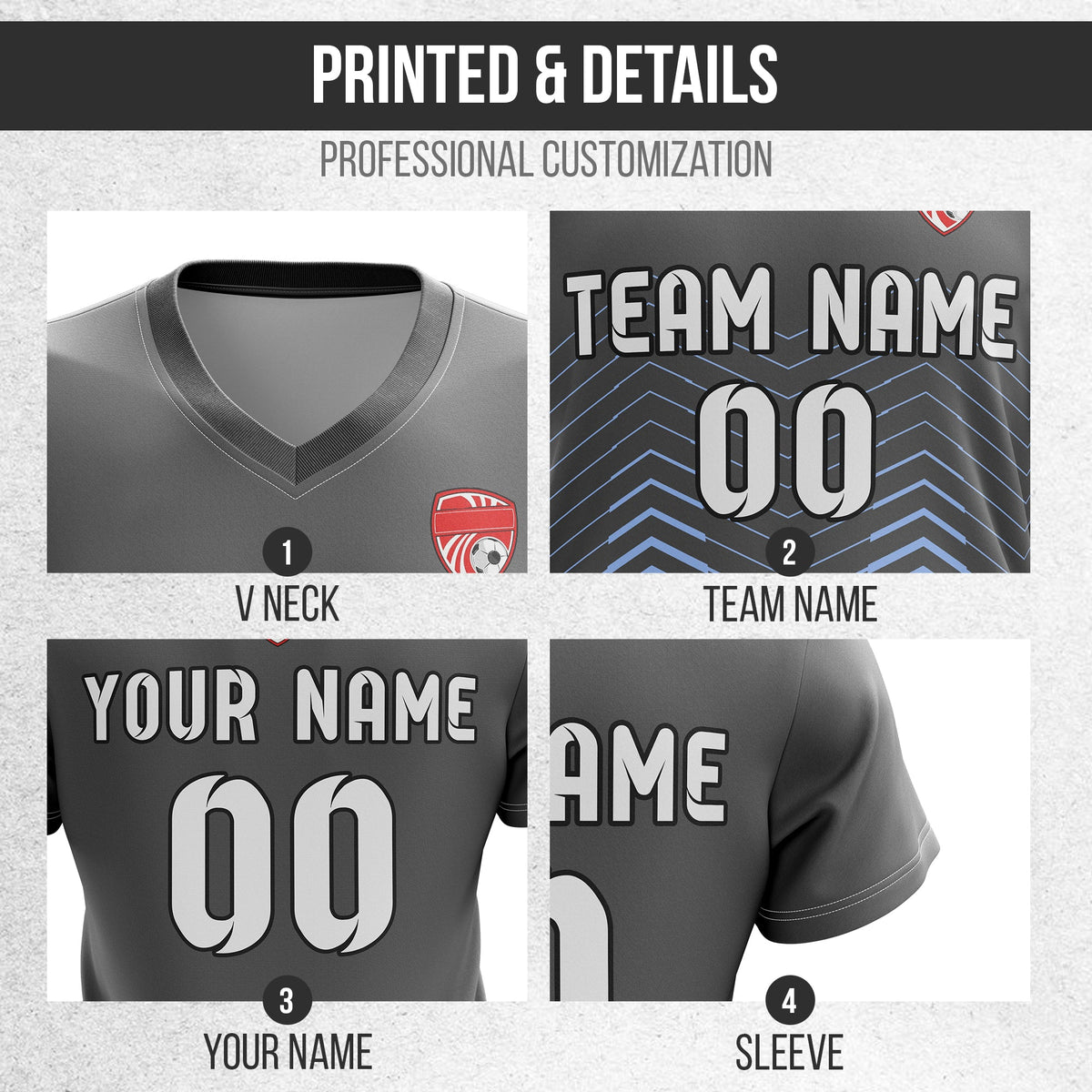 Soccer Jersey - V Neck - Side Pattern- Design 5 - Dark Grey