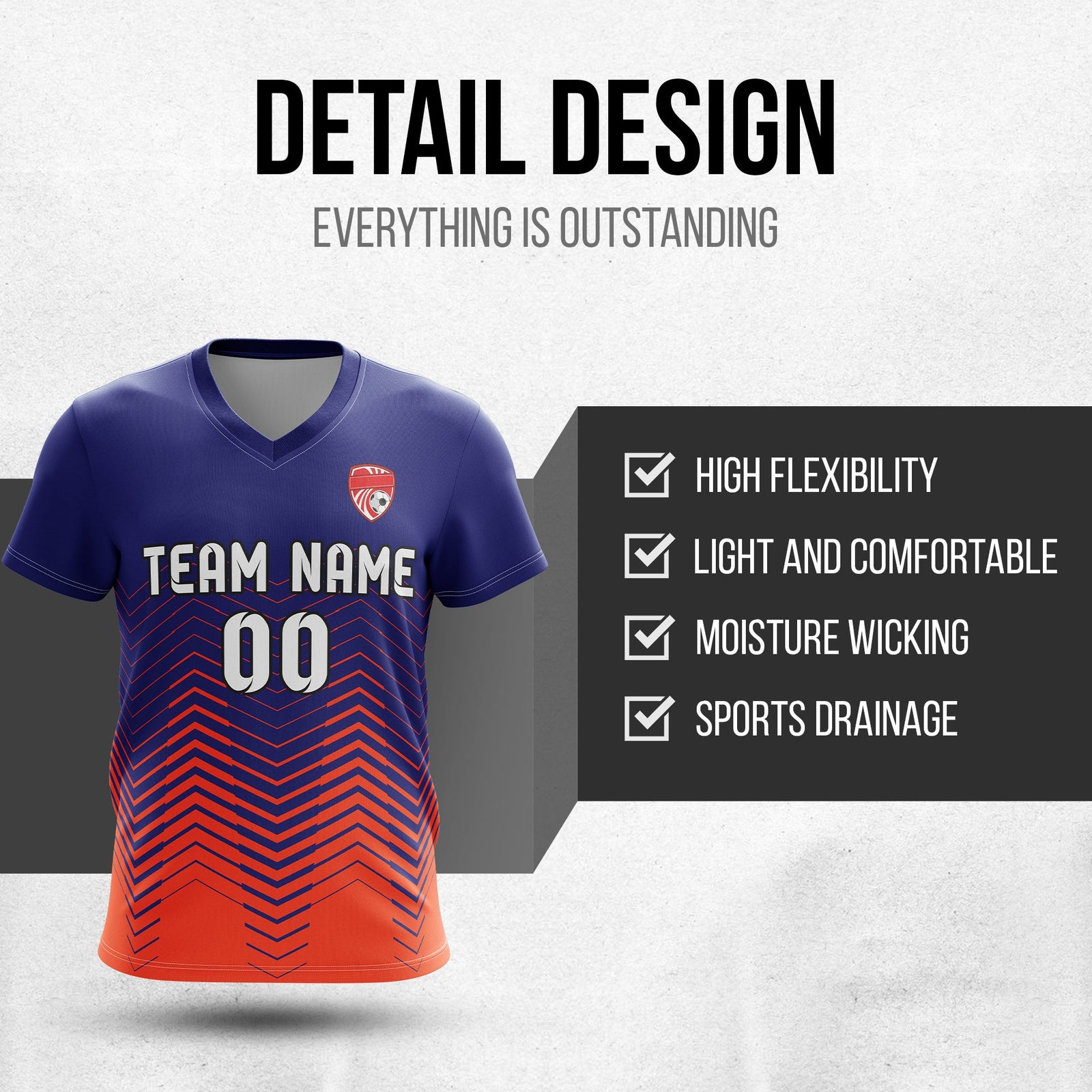 Soccer Jersey - V Neck - Side Pattern- Design 5 - Navy