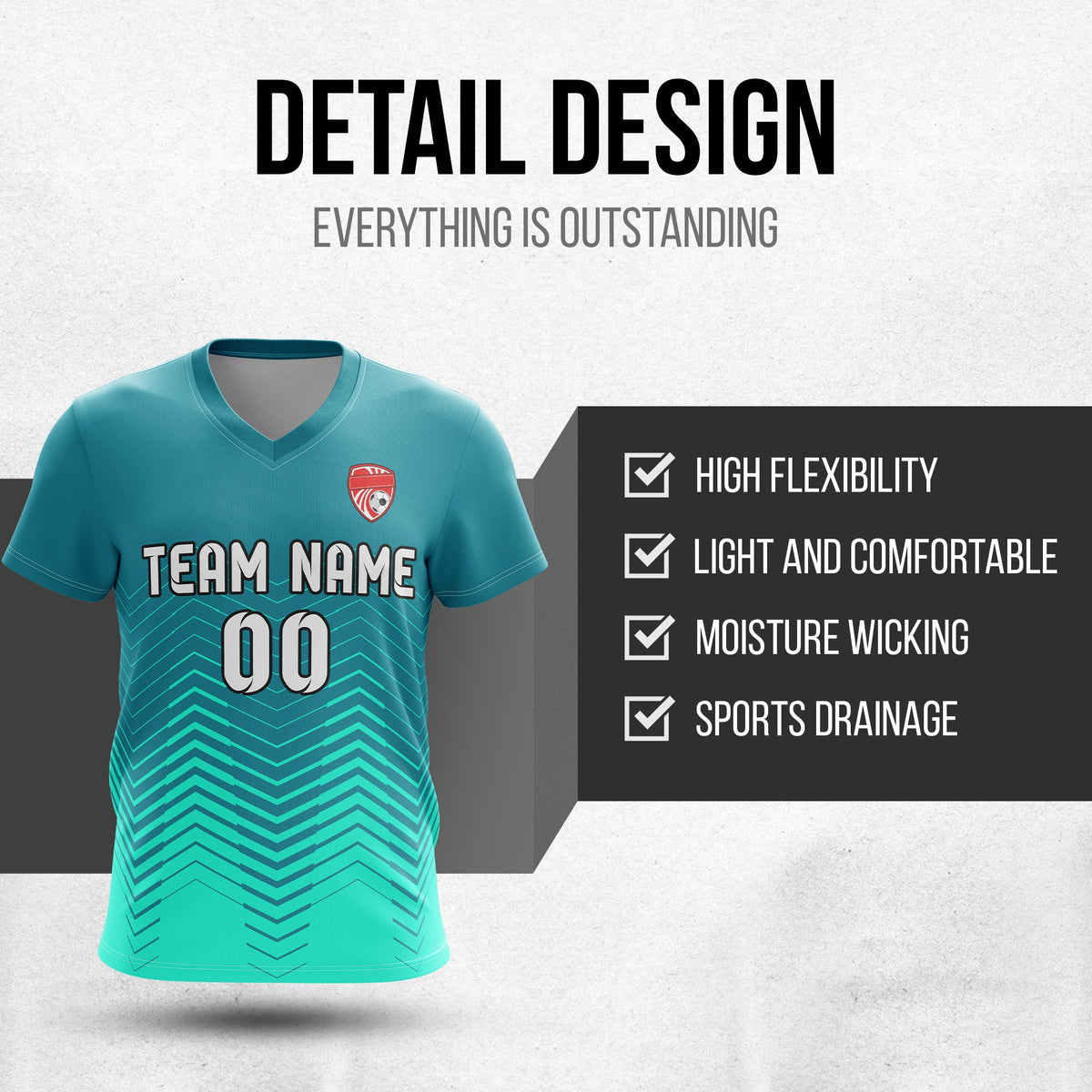 Soccer Jersey - V Neck - Side Pattern- Design 5 - Teal