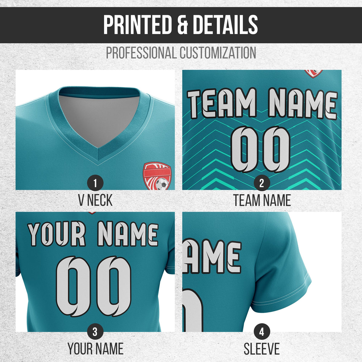 Soccer Jersey - V Neck - Side Pattern- Design 5 - Teal