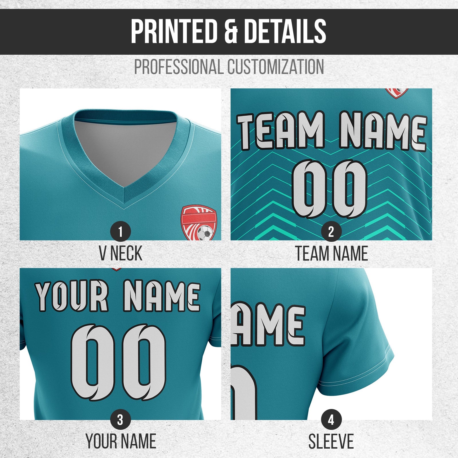 Soccer Jersey - V Neck - Side Pattern- Design 5 - Teal
