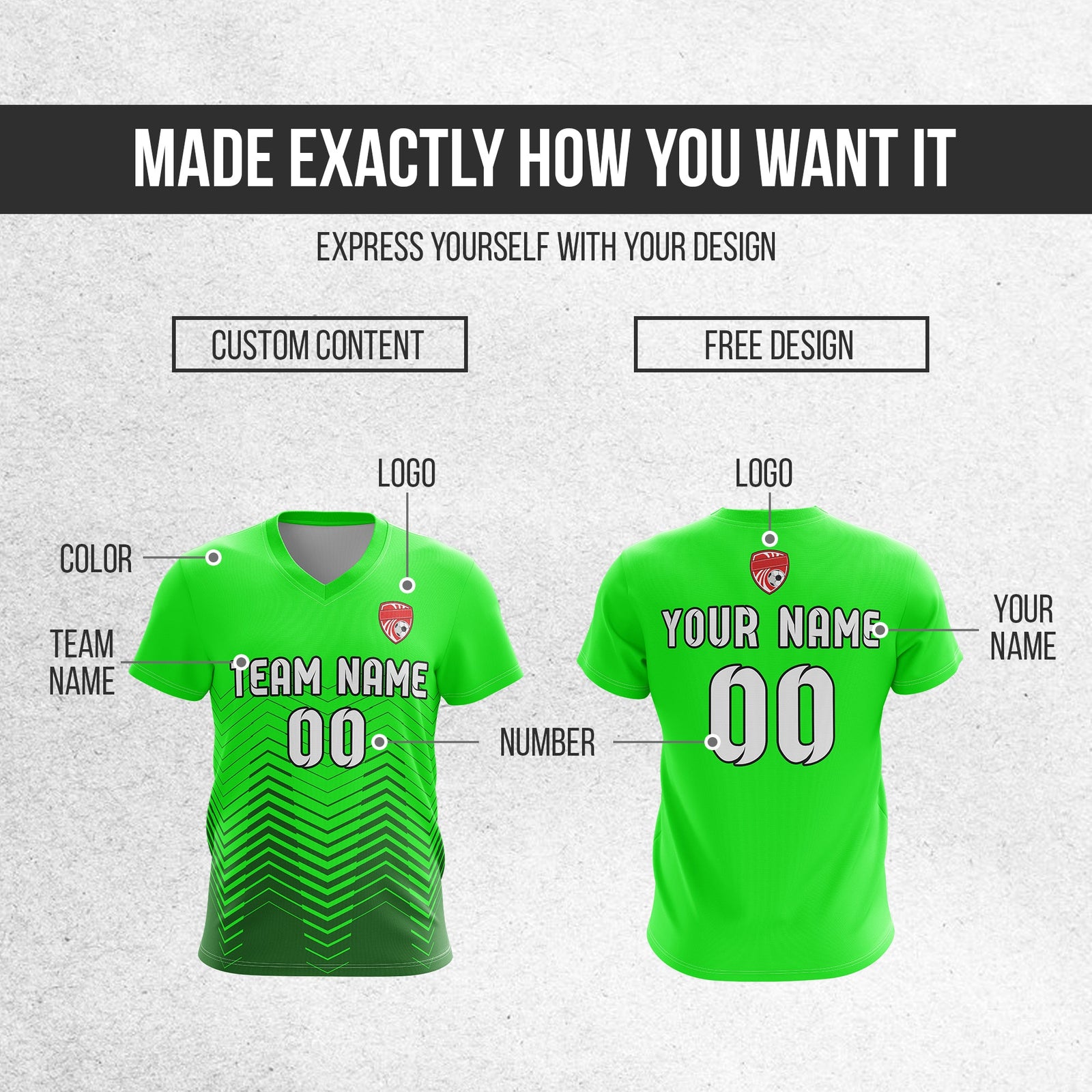 Soccer Jersey - V Neck - Side Pattern- Design 5 - neon Green