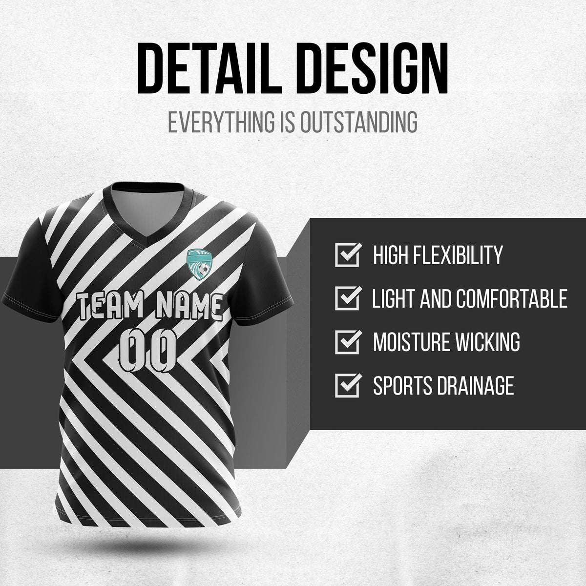 Soccer Jersey - V Neck - Stripe - Design 3 - Black