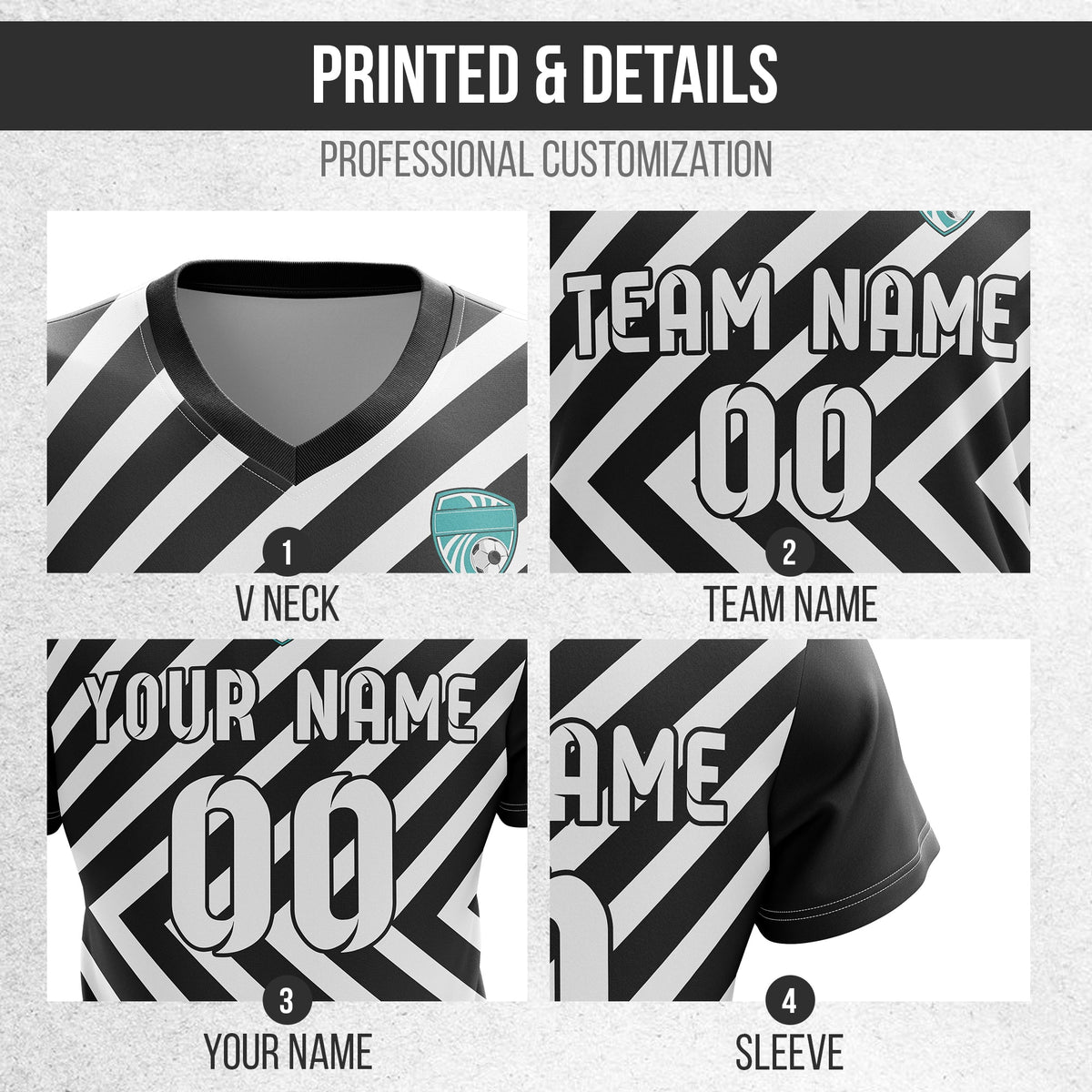 Soccer Jersey - V Neck - Stripe - Design 3 - Black