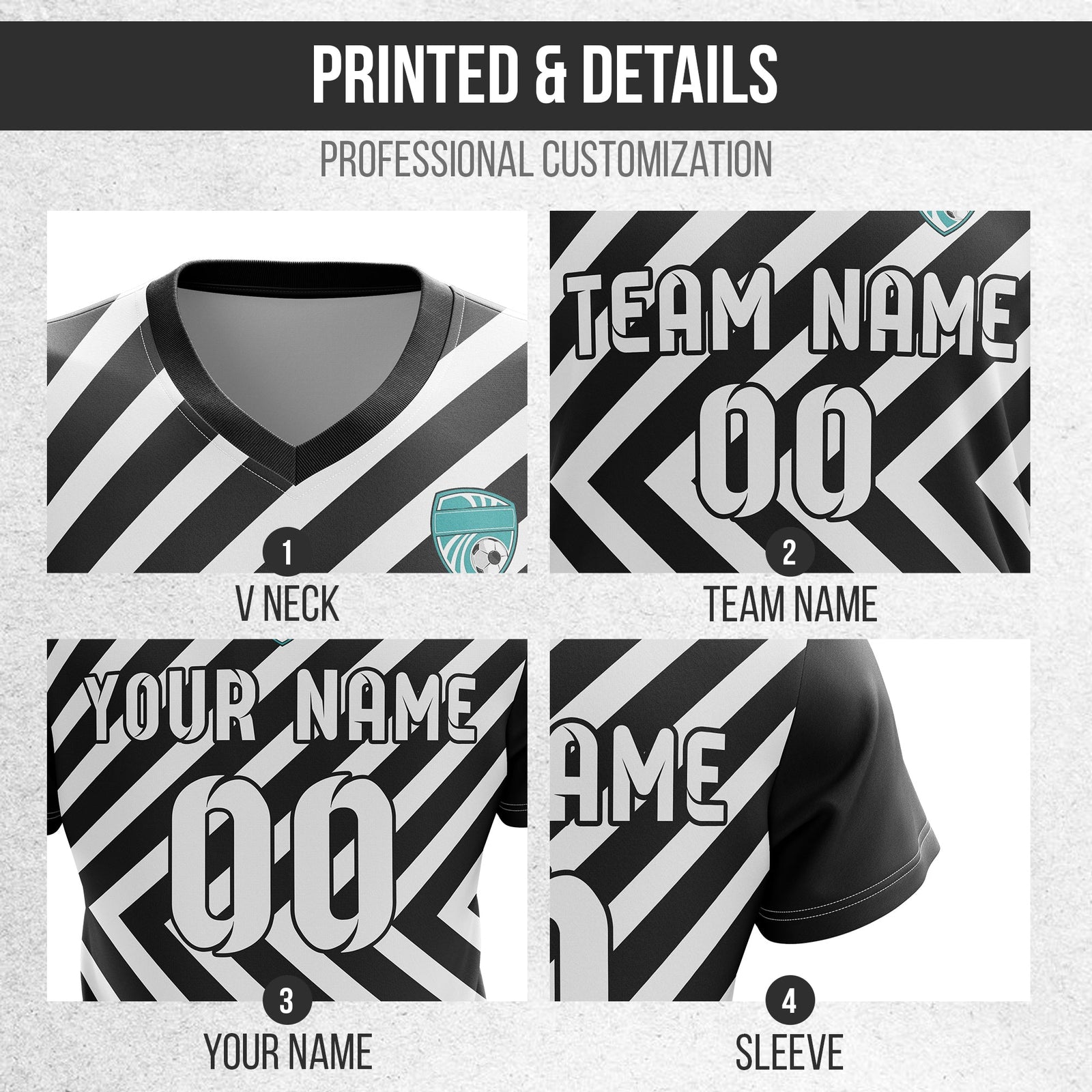 Soccer Jersey - V Neck - Stripe - Design 3 - Black