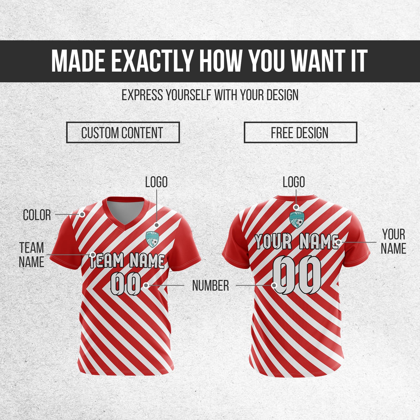 Soccer Jersey - V Neck - Stripe - Design 3 - Red